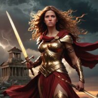 Adrestia, Greek goddess of balance and revolt. She stands in a twilight battlefield, wearing bronze armor with flowing crimson robes.