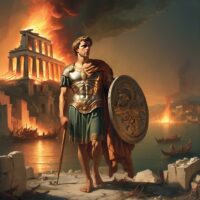 Aeneas, the Trojan hero, standing prominently on the shores of Italy with the burning ruins of Troy behind him.