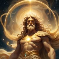 Mythlok - Aether Aether, the Greek primordial god of the upper sky, depicted as a radiant, ethereal figure composed of golden light and celestial mist.