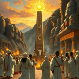 Mythlok - Aksumite_ Aksumite mythology and a vibrant cultural scene in the ancient Kingdom of Aksum. Priests and worshippers in traditional white robes gather around a towering stone obelisk