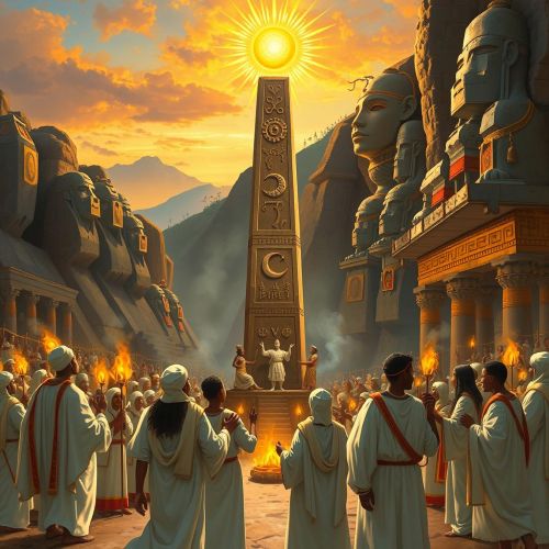 Aksumite mythology and a vibrant cultural scene in the ancient Kingdom of Aksum. Priests and worshippers in traditional white robes gather around a towering stone obelisk
