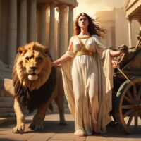 an image of Alcestis, a Greek princess with flowing robes, standing beside a chariot yoked to a lion and a boar.