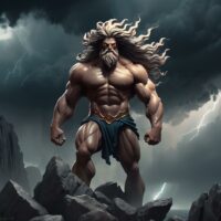 Alcyoneus from Greek mythology: a towering, muscular Giant with wild hair and glowing eyes,