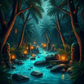Mythlok - Amazonian Brazilian_ A vibrant Amazonian rainforest scene infused with the cultural essence of Amazonian and Brazilian mythology.