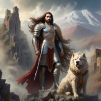 an image of Ara the Handsome, legendary Armenian king, standing in regal armor with flowing hair and radiant features.