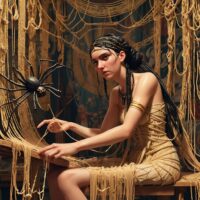 Arachne, a young Lydian woman with dark braided hair seated at a golden loom