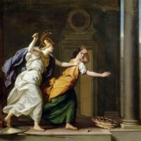 Classical painting showing Arachne and Minerva