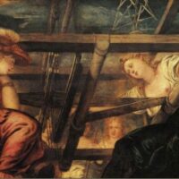 Classical painting showing Arachne