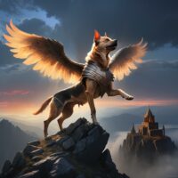 an image of Aralez, A winged, ethereal dog-like creature descending from a misty mountain peak,