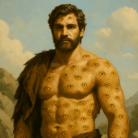 an image of Argus Panoptes from Greek mythology &mdash; a towering humanoid figure with one hundred eyes scattered across his muscular body.