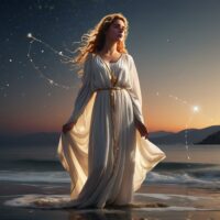 an image of Ariadne from Greek mythology. She stands on the shore of Naxos at dawn, wearing a flowing white robe