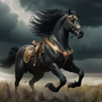 Arion, A divine black-maned stallion with glowing eyes, galloping across a battlefield under stormy skies