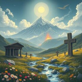 Mythlok - Armenian_ An epic illustration inspired by Armenian mythology, showing the sacred Armenian highlands with Mount Ararat rising majestically in the background.