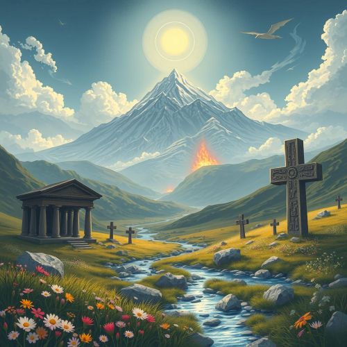 An epic illustration inspired by Armenian mythology, showing the sacred Armenian highlands with Mount Ararat rising majestically in the background.