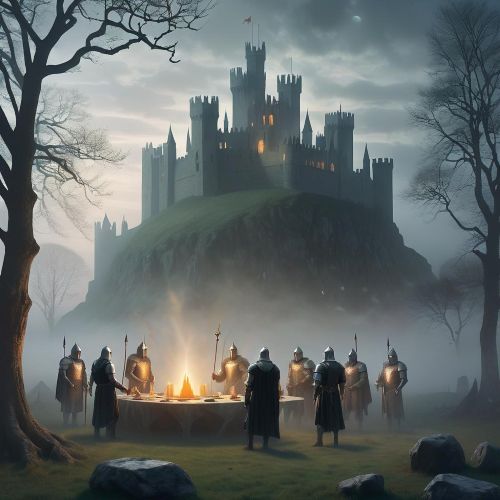 An image inspired by Arthurian mythology, set in a foggy medieval landscape with a shining castle of Camelot in the distance.