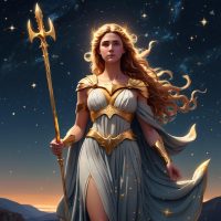 An image of Astraea, the Greek goddess of justice, standing beneath a starry sky.