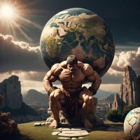 Atlas, A towering Titan with muscular build, kneeling under the weight of carrying the sky