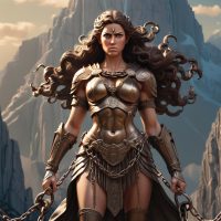 Bia, Greek goddess of force, standing in full bronze armor with a stern expression