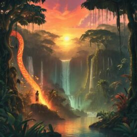 Mythlok - Brazilian_ Image inspired by Brazilian mythology, set in the lush Amazon rainforest with rivers, waterfalls, and towering trees under a glowing sunset.