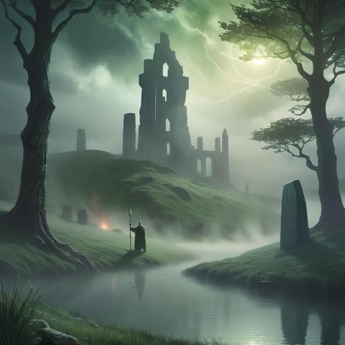 An image inspired by British mythology, set in a misty landscape with rolling green hills