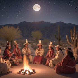 Mythlok - Cahuilla_ A cultural scene inspired by Cahuilla mythology: a desert landscape with mountains in the distance, a nighttime storytelling circle around a fire