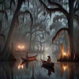 Mythlok - Cajun_ A cultural scene inspired by Cajun mythology: a quiet Louisiana bayou at night with cypress trees draped in Spanish moss