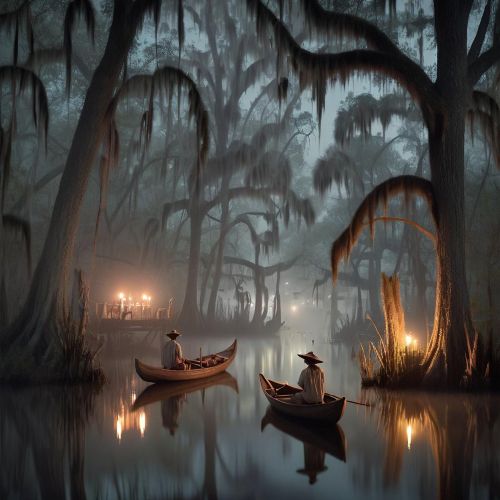 A cultural scene inspired by Cajun mythology: a quiet Louisiana bayou at night with cypress trees draped in Spanish moss