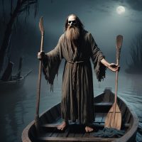 Charon from Greek mythology: a grim, bearded ferryman in tattered robes, standing in a dark wooden boat on the River Styx