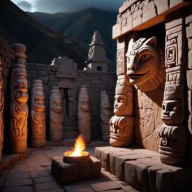 Mythlok - Chavin_ A cultural scene inspired by Chavín mythology: the temple complex of Chavín de Huántar set in the Andean highlands,