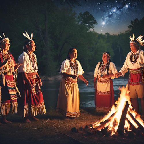 Chickasaw mythology represented through cultural storytelling and community life: elders sharing migration stories around a fire, families gathered in traditional clothing,
