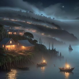 Mythlok - Chiloe_ A cultural scene inspired by Chiloé mythology: a misty night along the island’s coastline, with fishermen gathered around their boats