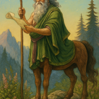Chiron, A wise centaur, standing on Mount Pelion under a twilight sky, holding a scroll and staff