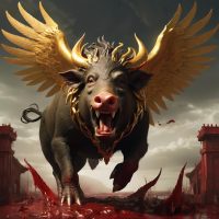 Chrysaor, A winged boar with golden tusks and radiant wings, emerging from Medusa&rsquo;s blood.