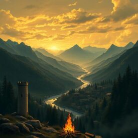 Mythlok - Circassian_ An artistic depiction inspired by Circassian mythology, showing the dramatic Northwest Caucasus mountains with rivers and forests under a golden sky.