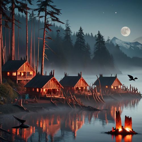 Coast Salish Mythology A cultural scene inspired by Coast Salish mythology: a misty Pacific Northwest shoreline with cedar longhouses near the water