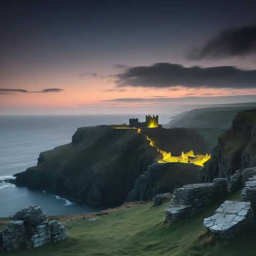 A mystical Cornish landscape at twilight featuring Tintagel Castle perched dramatically on a cliff overlooking the sea inspired by Cornish Mythology
