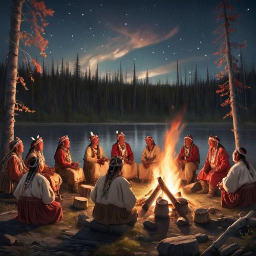 Cree mythology represented through cultural life and nature: elders sharing stories beside a fire in a forest clearing, families in traditional clothing gathered near a river