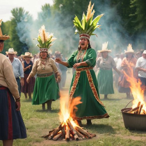 A cultural scene inspired by Creek mythology: community members gathered for the Green Corn Festival