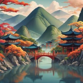 Image inspired by East Asian mythology, showing a panoramic landscape that blends Japanese, Korean, Chinese, and Ainu traditions.