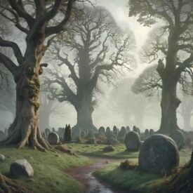 Mythlok - English_ An image inspired by English mythology, set in an ancient English woodland with towering oak trees and misty glades