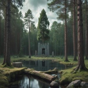 Mythlok - Estonian_ An Estonian forest landscape inspired by mythology, showing a sacred grove (hiis) with tall pine trees and a stone altar in the clearing.