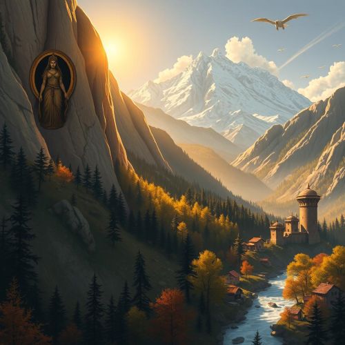 An epic cultural illustration inspired by Georgian mythology, set in the dramatic Caucasus Mountains with Mount Kazbek in the background.