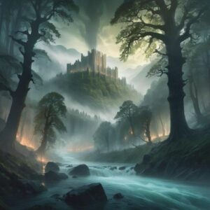 Image inspired by Germanic mythology, set in a dense, misty forest with towering oak trees and a roaring river.