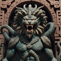 A image of Huari, the Chav&iacute;n deity, depicted as a hybrid figure with jaguar fangs, serpent hair, and bird talons