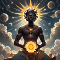 Kabezya-Mpungu, the invisible creator deity from Luba mythology, as a radiant cosmic force withdrawing into the heavens.