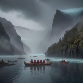 A cultural scene inspired by Kawésqar mythology: the cold fjords and channels of southern Chile under a cloudy sky