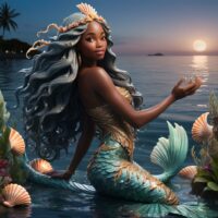 Mythlok - Kianda Kianda, the Angolan water goddess, emerging from the ocean at twilight.