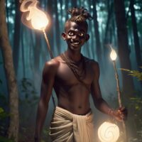 Kuttichathan, A mischievous dark-skinned adolescent male spirit with a topknot, glowing eyes, and bare chested and wearing a mundu