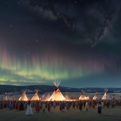 A cultural scene inspired by Lakota mythology: the Black Hills rising in the background under a wide sky filled with stars and auroras