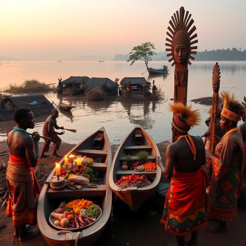 Mbundu Mythology A traditional Angolan riverside village at dawn, inspired by Mbundu mythology.